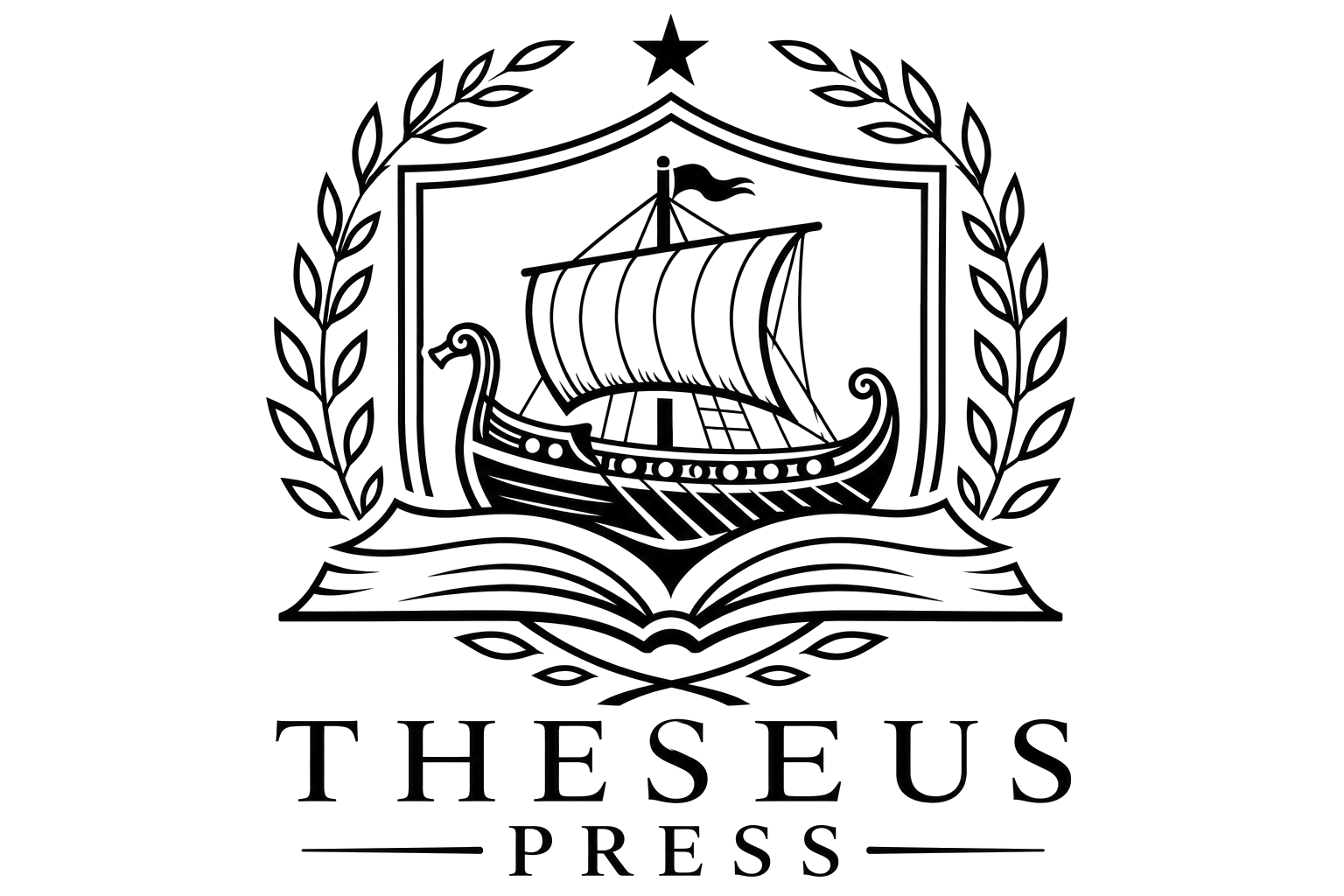 Theseus Press — ship sailing on an open book, framed by a shield and laurel wreath
